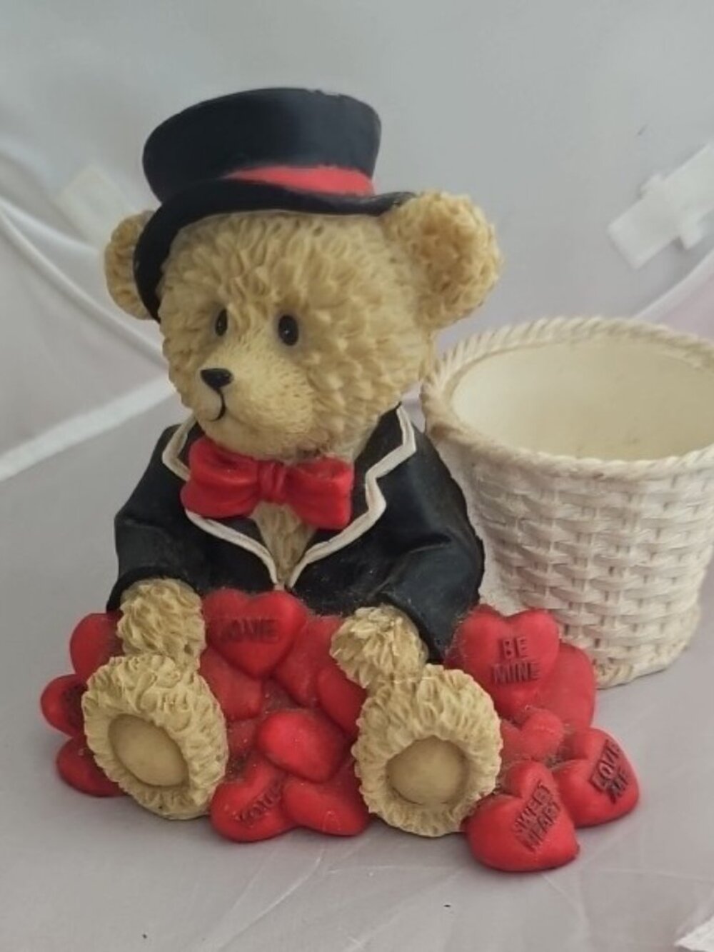 Vintage Resin Bear with Basket Candle Holder Love Hearts Valentine Figurine